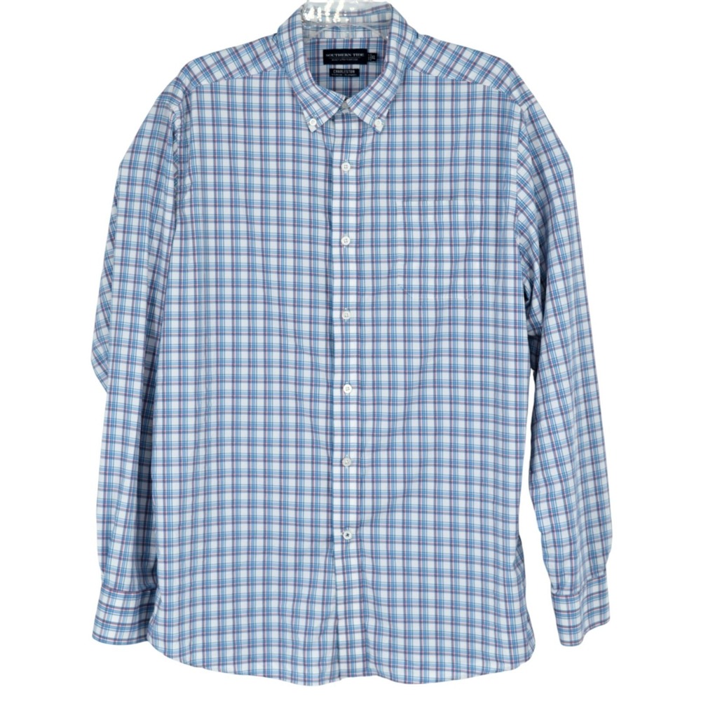 Southern Tide Men's XL Charleston Plaid Performance Cooling LS Shirt Blue Orange
